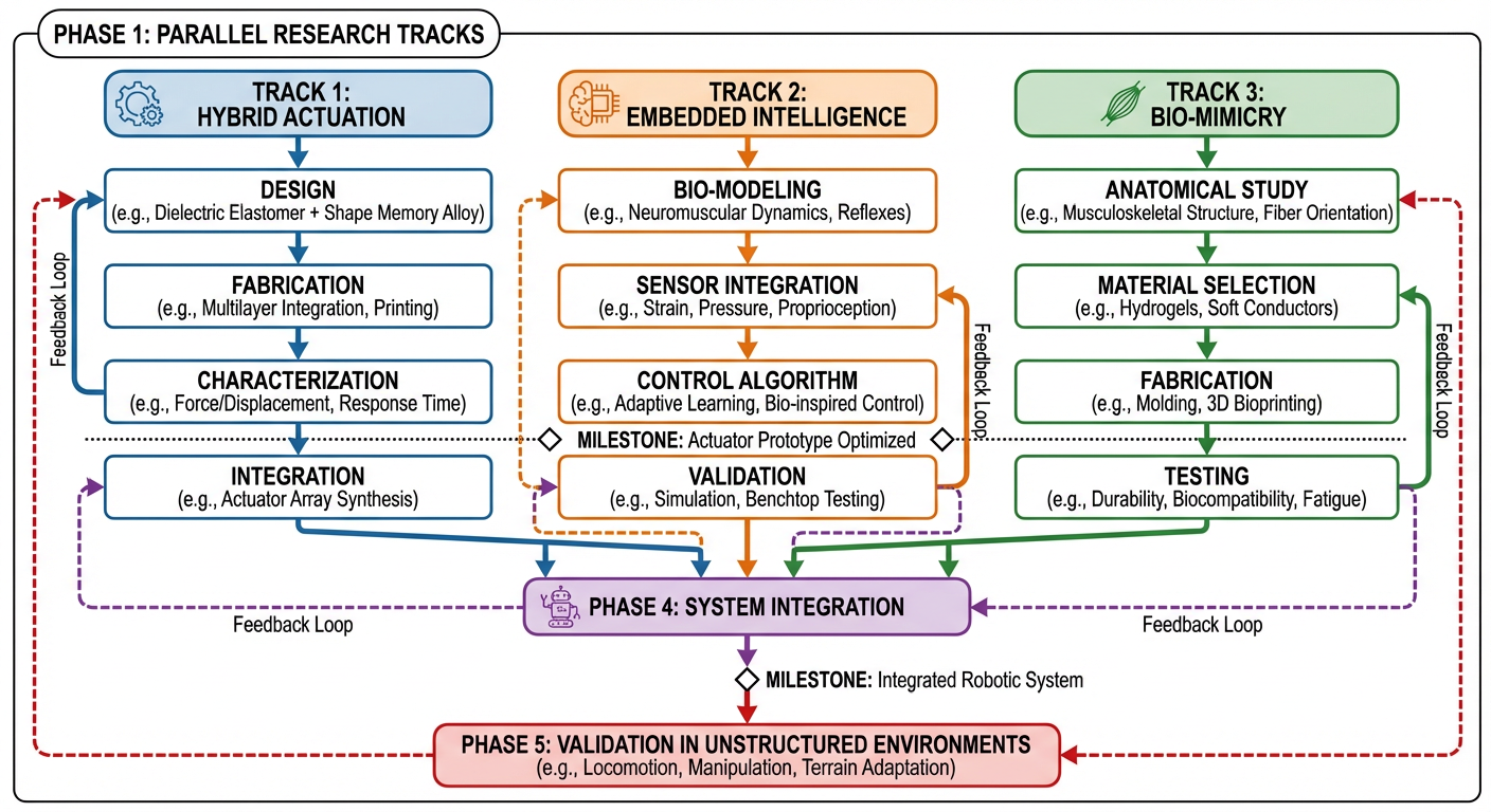Research methodology flowchart showing the three-track parallel approach with convergence points