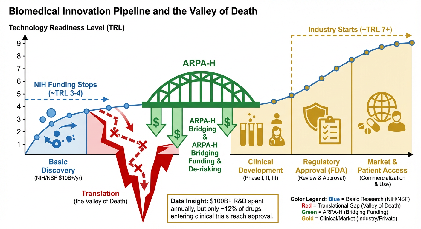 The valley of death in U.S. biomedical innovation: NIH/NSF disproportionately fund TRL 1 to 3, industry concentrates capital at TRL 7+, and the intermediate translational stages are where most attrition occurs.