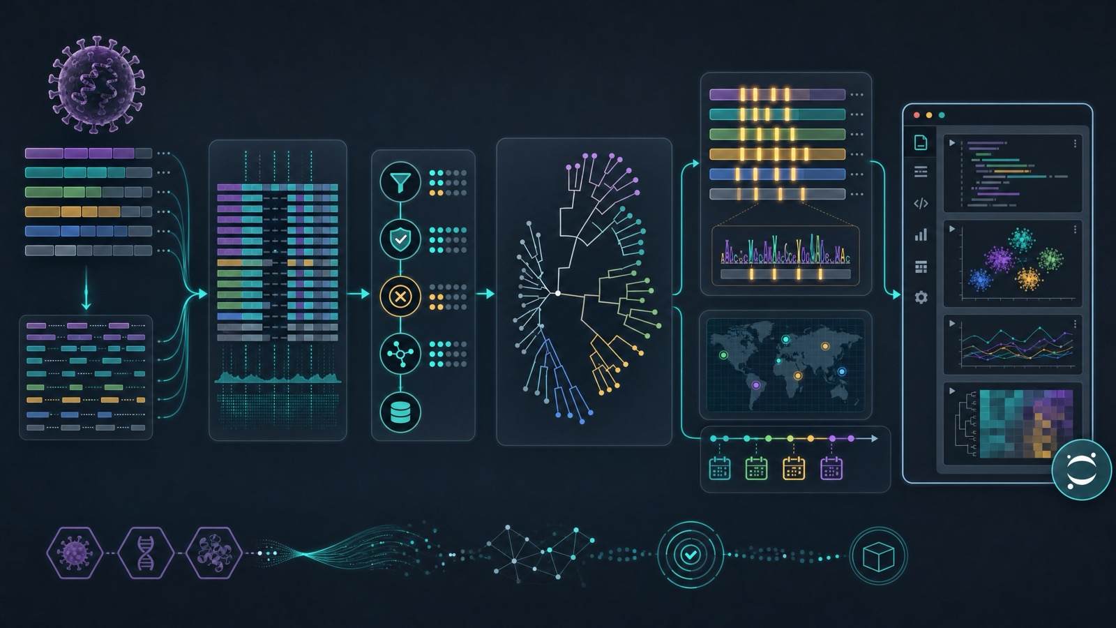 A computational virology workflow can compare sequences, clean metadata, build phylogenies, connect spatial context, and produce reproducible notebooks.