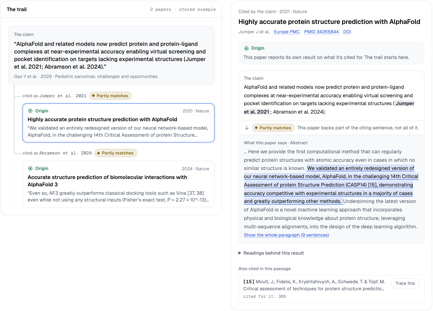 The AlphaFold trail: the 2026 claim about protein and protein-ligand complexes at near-experimental accuracy, with two origins, the 2021 AlphaFold 2 paper and the 2024 AlphaFold 3 paper, each marked Partly matches, and the AlphaFold 2 abstract sentence on accuracy competitive with experimental structures highlighted