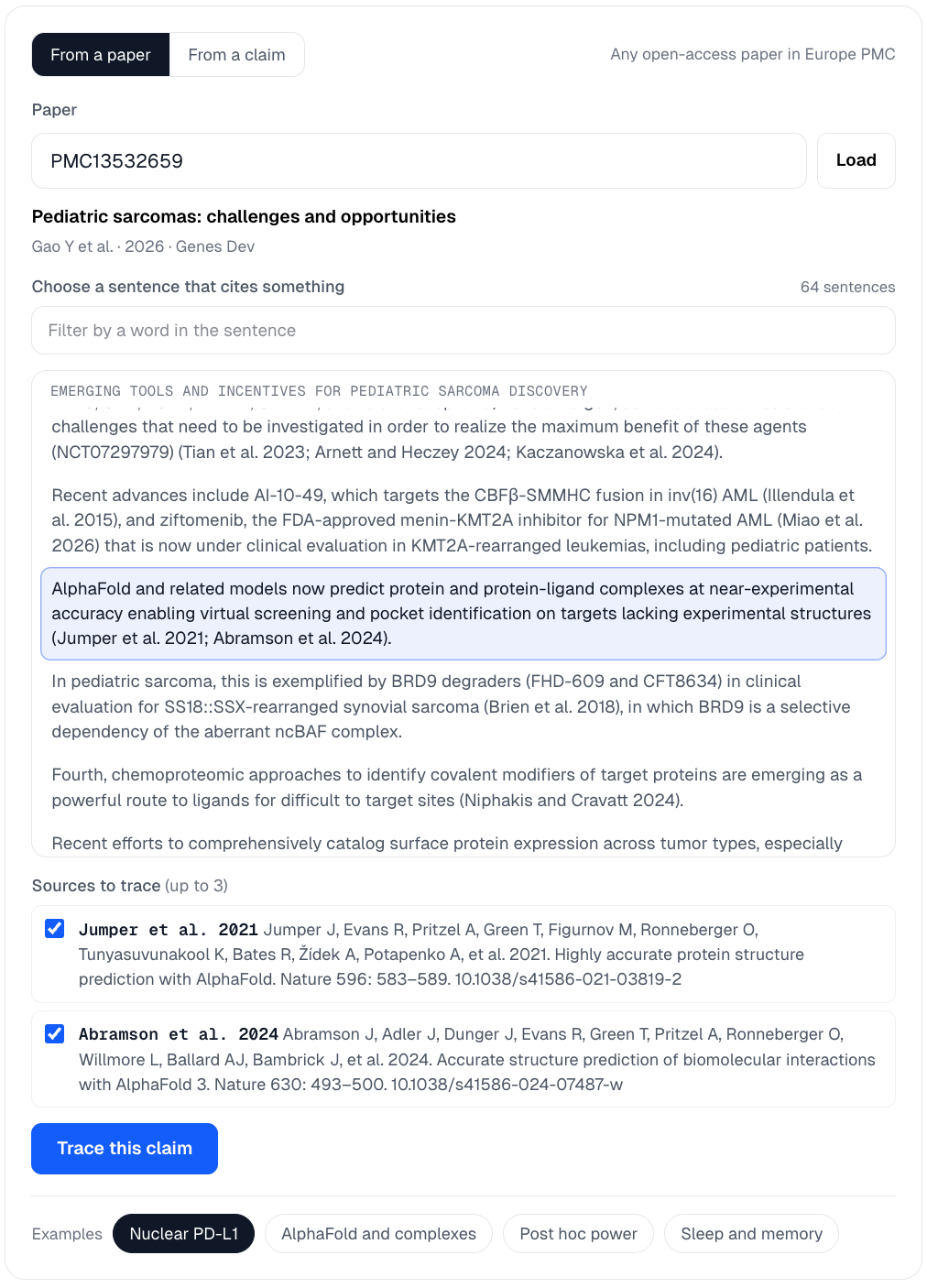 The From a paper panel with a 2026 Genes & Development review loaded, its cited sentences listed by section, the sentence about AlphaFold and protein-ligand complexes selected, and its two references, Jumper et al. 2021 and Abramson et al. 2024, checked as sources to trace
