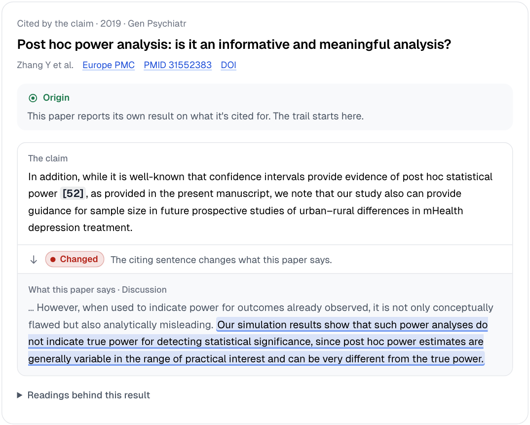 The post hoc power result: the 2019 paper is the origin, the hop is marked Changed, and the highlighted passage reports simulation results showing that post hoc power analyses do not indicate true power