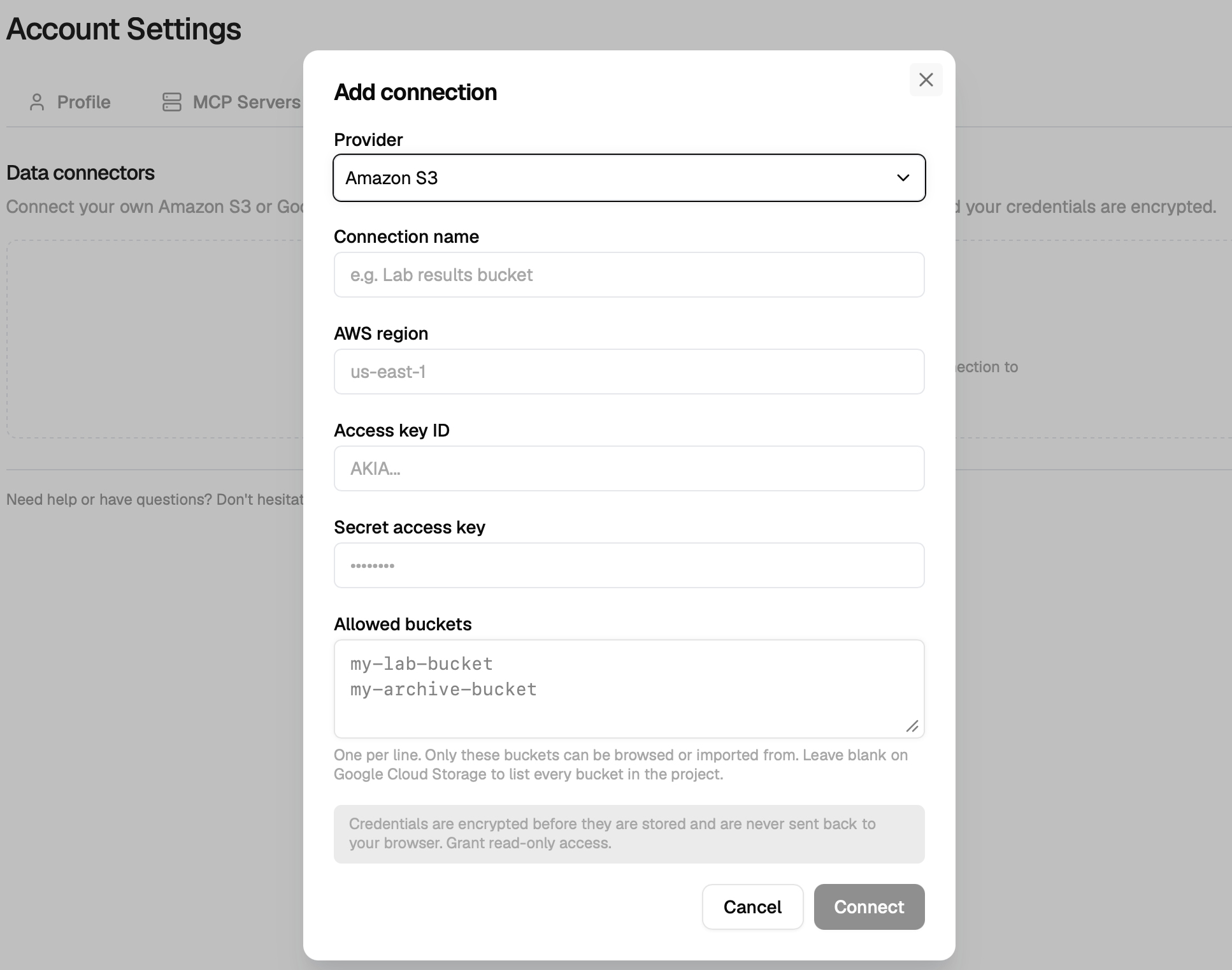 Add connection dialog for Amazon S3, with fields for connection name, AWS region, access key ID, secret access key, and allowed buckets