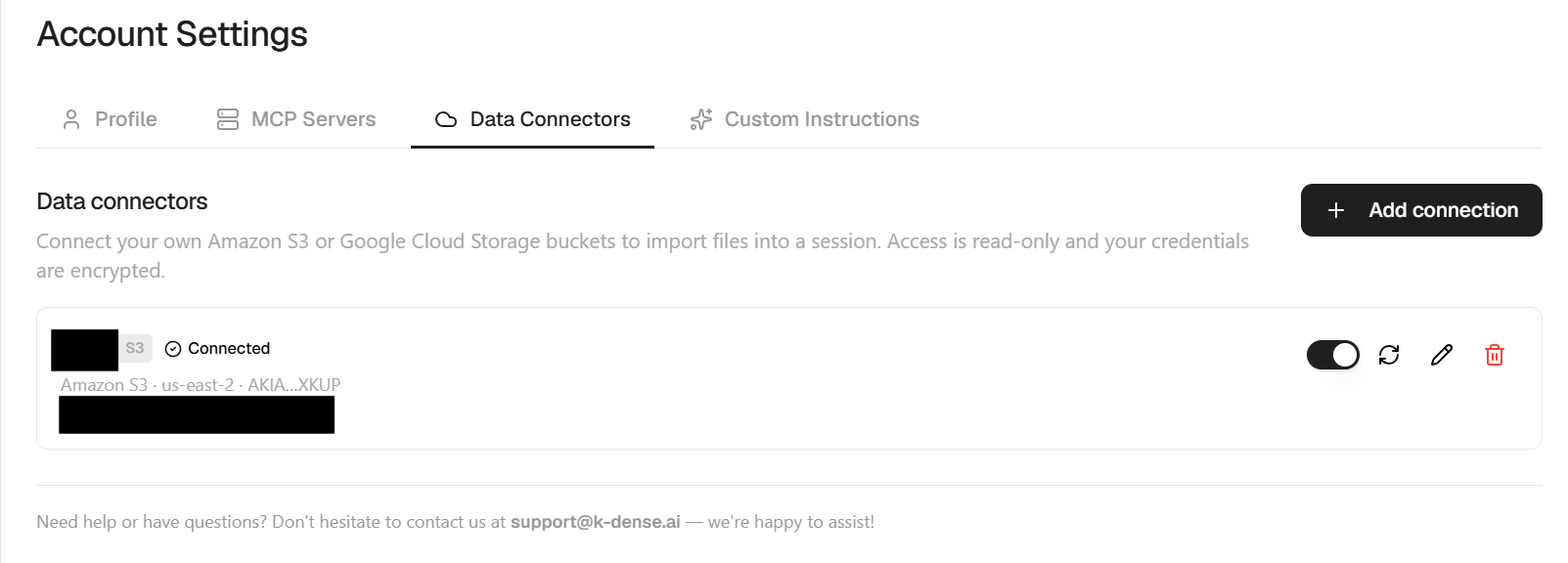 Data connectors list in Account Settings, showing a connected Amazon S3 connection with its region and masked access key