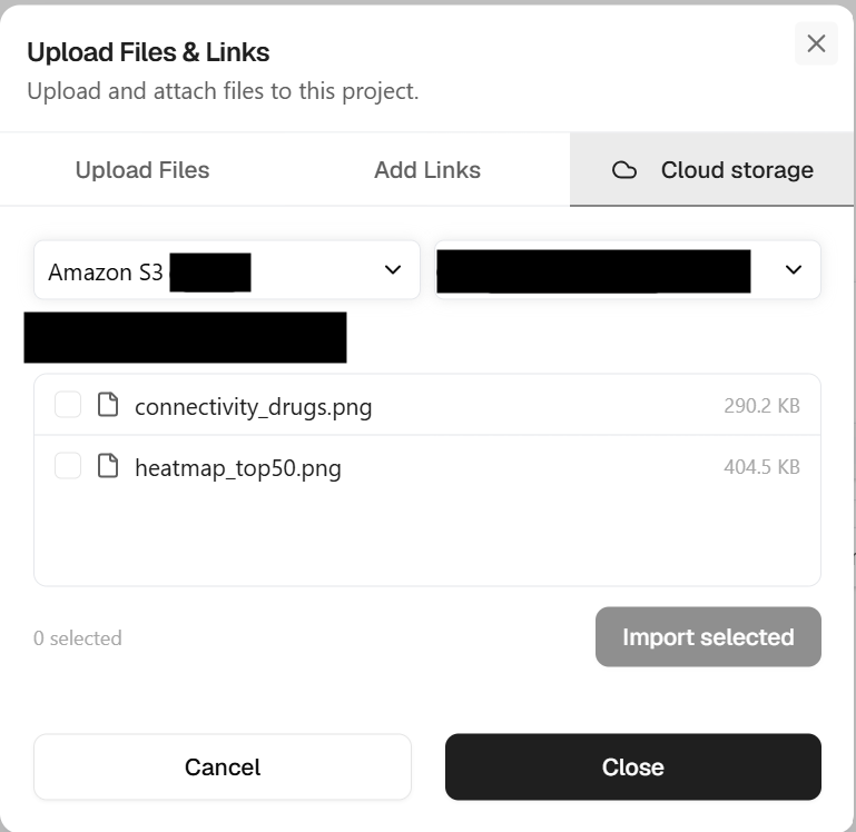 Cloud storage import dialog showing an Amazon S3 connector with a bucket's file listing and an Import selected button