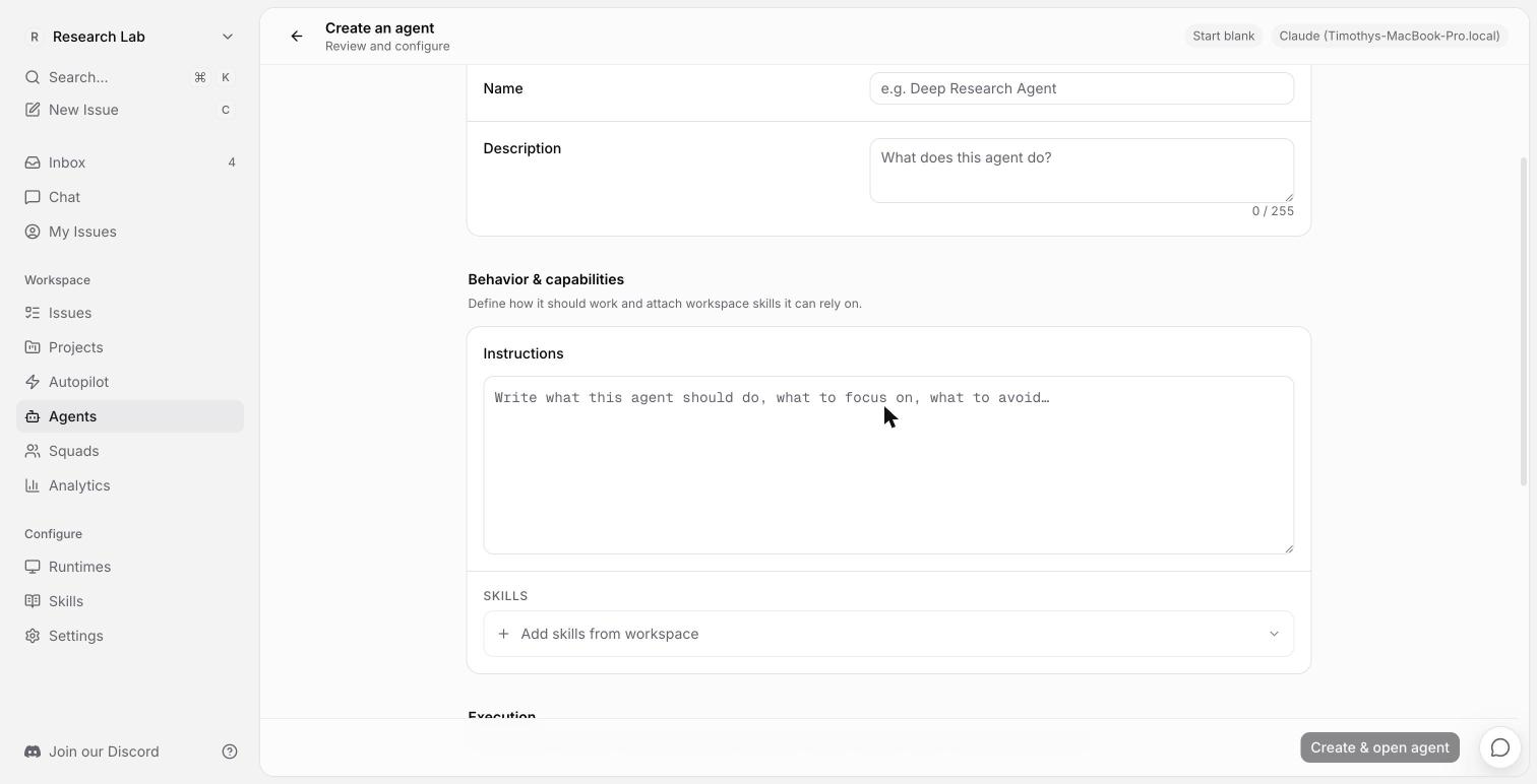 Multica agent creation form showing the instructions box and the control for attaching workspace skills