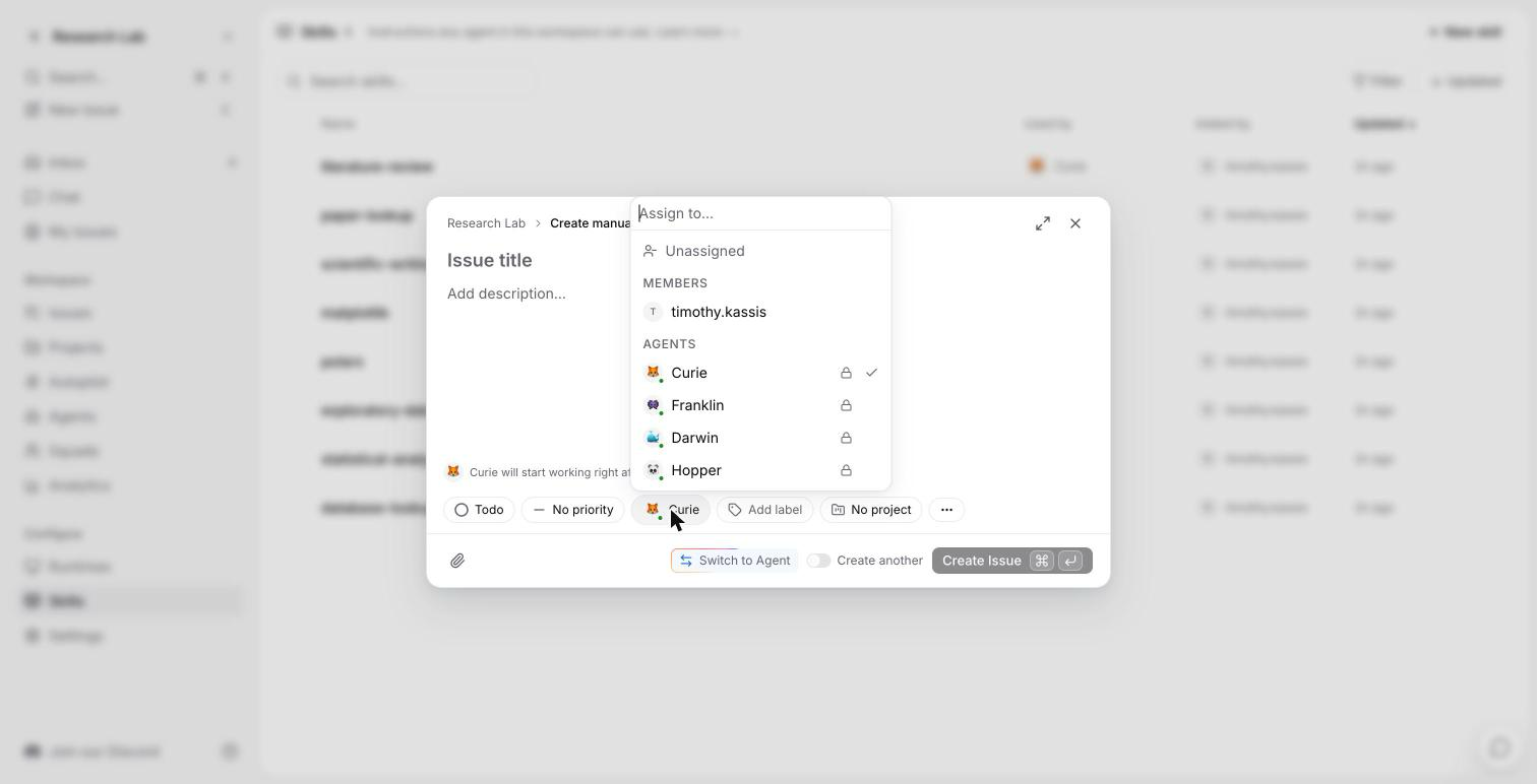 Multica assignee picker showing members and agents in a single list