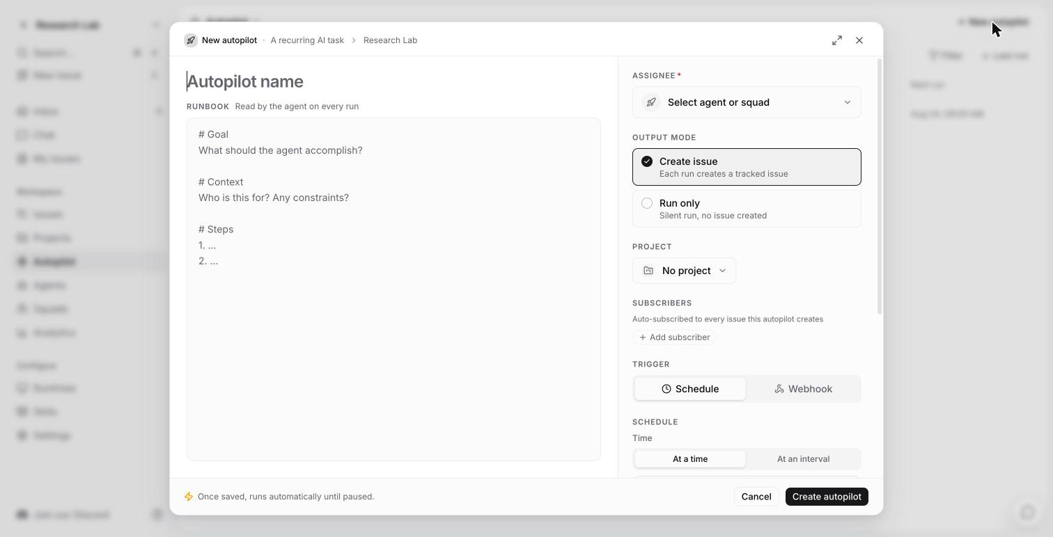 Multica autopilot composer showing the runbook scaffold alongside assignee, output mode, and trigger settings