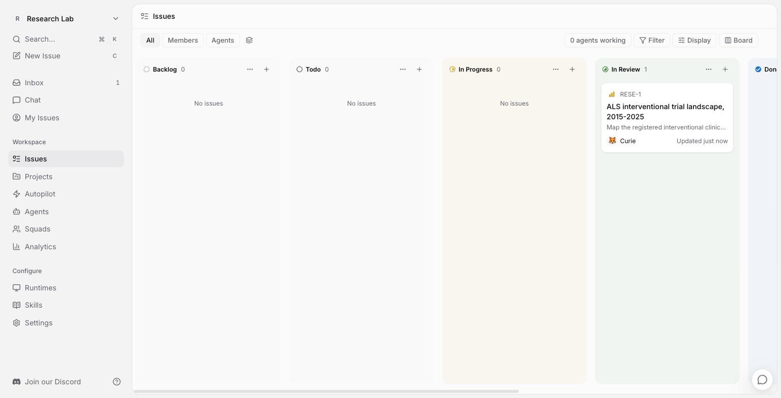 Multica board showing the completed analysis sitting in the In Review column
