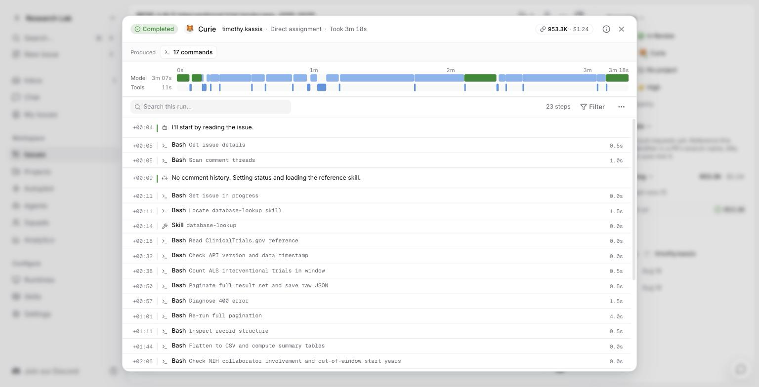 Multica execution log showing 17 commands and 23 steps across a 3 minute 18 second run