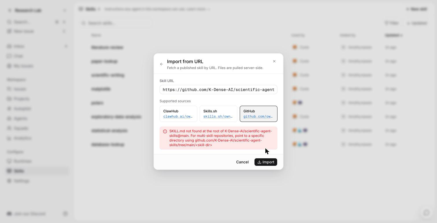 Multica skill import dialog showing an inline error explaining that multi-skill repositories need a per-skill directory URL