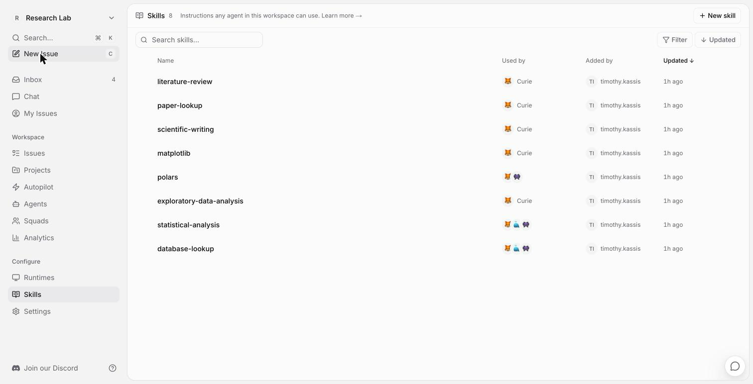 Skills page listing the eight imported Scientific Agent Skills and which agents use each one