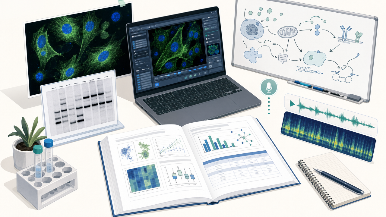 A scientist's multimodal workspace, showing fluorescent microscopy, a Western blot, a microscope-control GUI, a whiteboard pathway sketch, an open paper with figures and tables, an audio spectrogram, and a voice memo