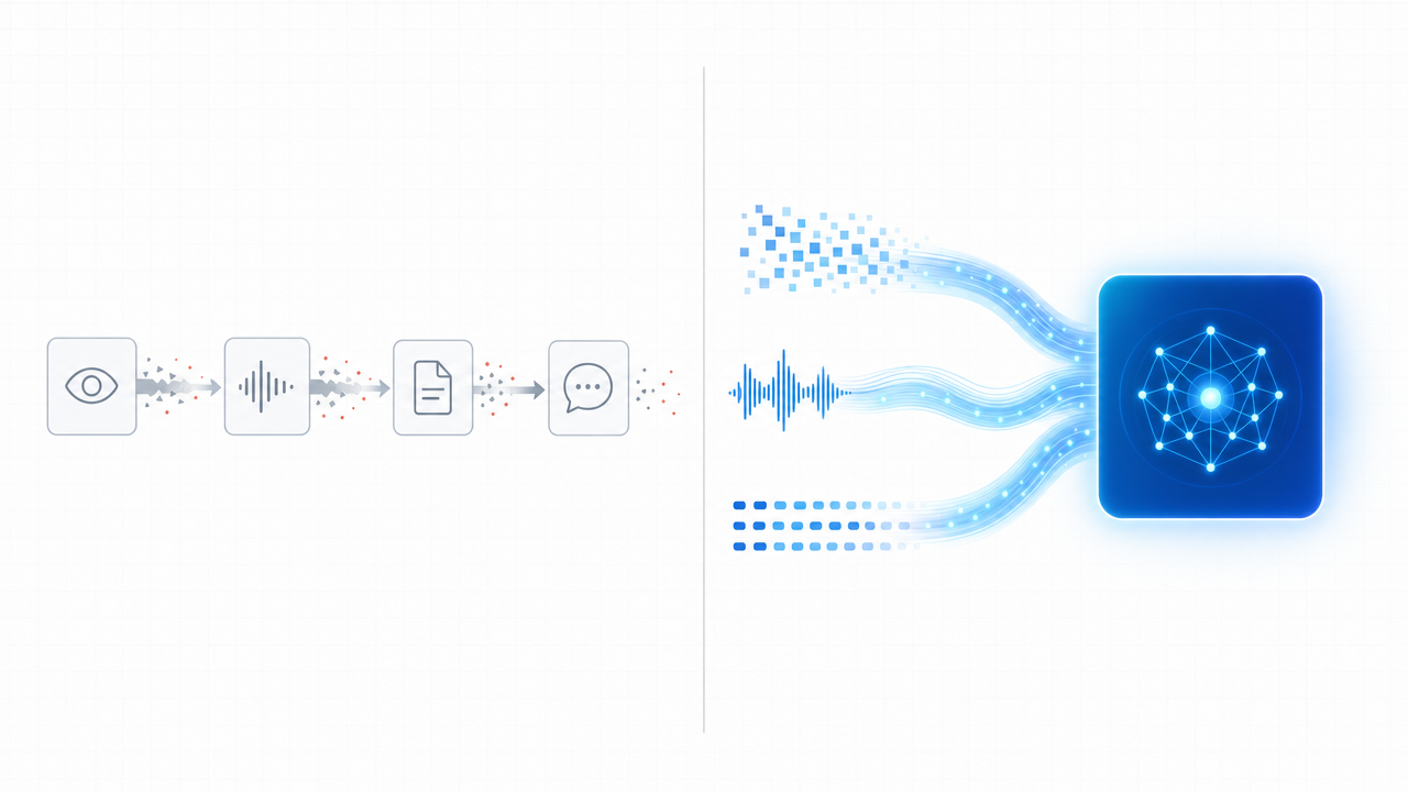 On the left, a chain of four separate vision, audio, document, and language model boxes connected by arrows that visibly drop fragments of data between each stage. On the right, a single unified omni-modal model receiving pixels, audio waves, and text tokens as continuous streams without any intermediate handoffs