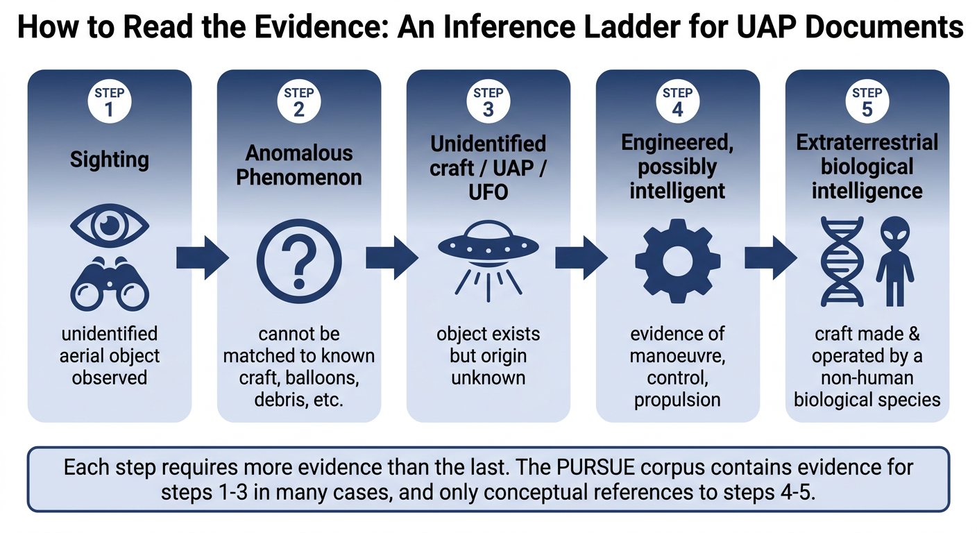 Inference ladder showing five levels: sighting, anomalous phenomenon, craft/UAP, engineered or controlled craft, and extraterrestrial biological intelligence.