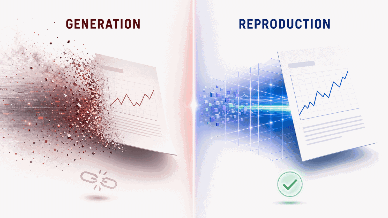 Split illustration. The left half, labeled GENERATION, shows a sheet of scientific paper with a chart dissolving into scattered particles beside a broken-link symbol. The right half, labeled REPRODUCTION, shows the same paper passing through a structured grid of light and re-forming into a crisp, aligned chart with a green check mark.