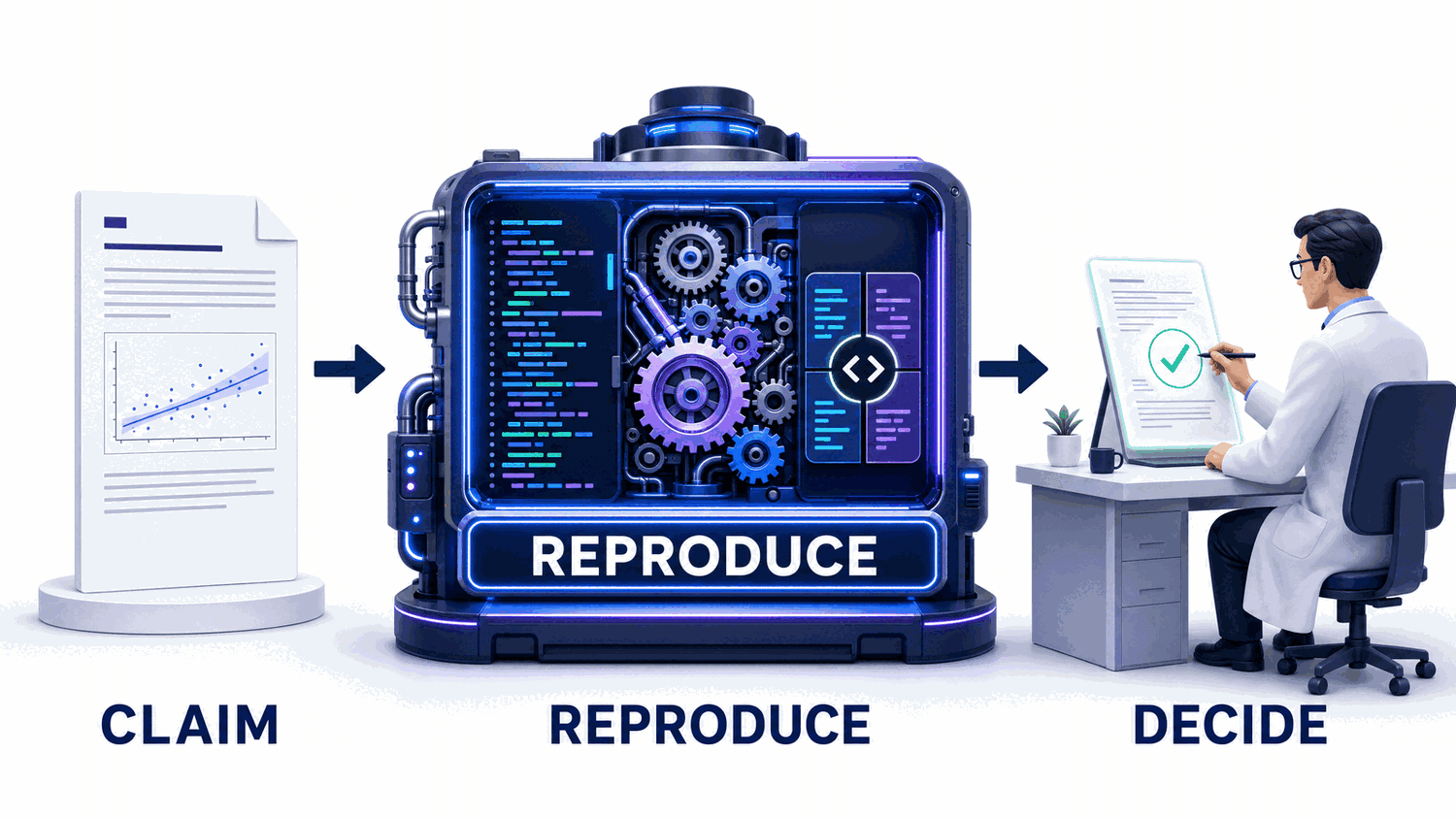 A left-to-right pipeline. A sheet of paper labeled CLAIM feeds into a glowing machine labeled REPRODUCE, whose interior shows gears, running code and a compare-and-diff symbol. Its output flows to a scientist at a desk labeled DECIDE, reviewing a report and approving it with a check mark.