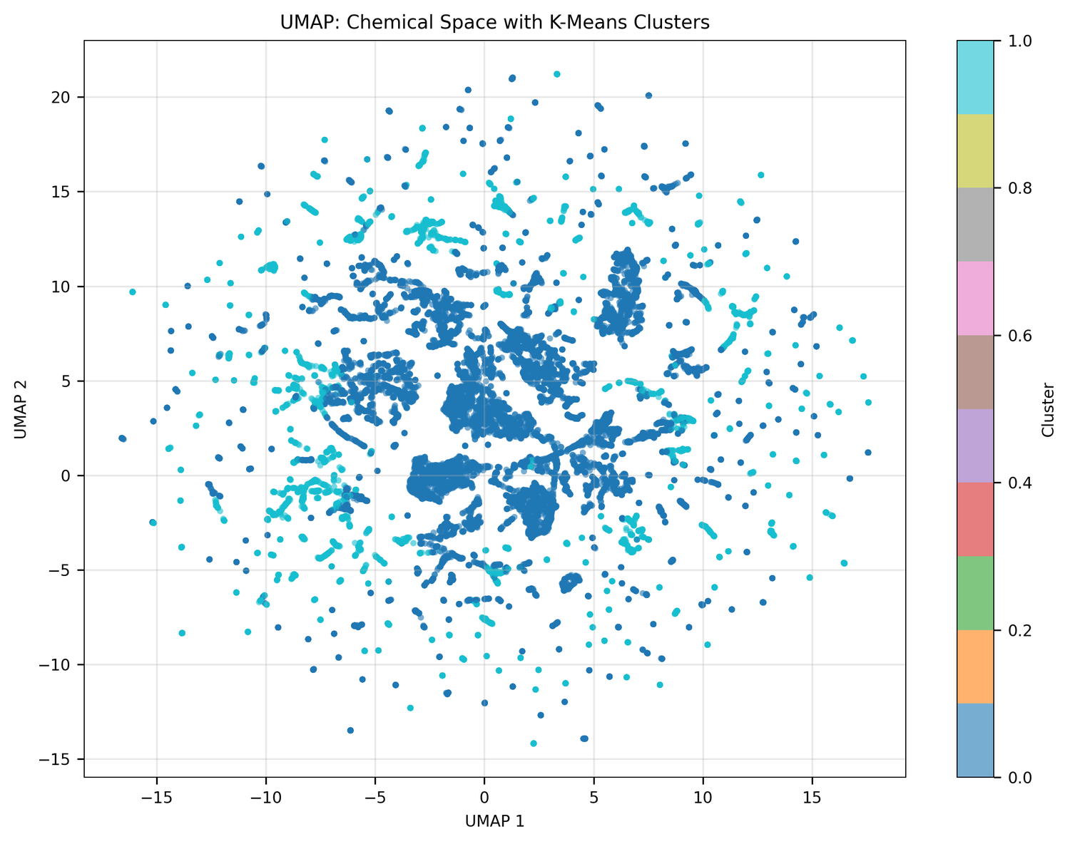 UMAP scatter plot with K-Means cluster labels