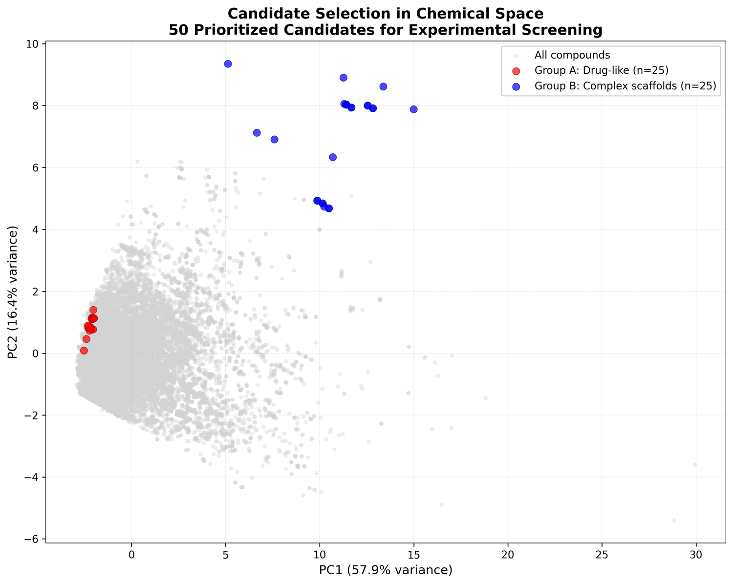 PCA visualization of selected candidates in chemical space