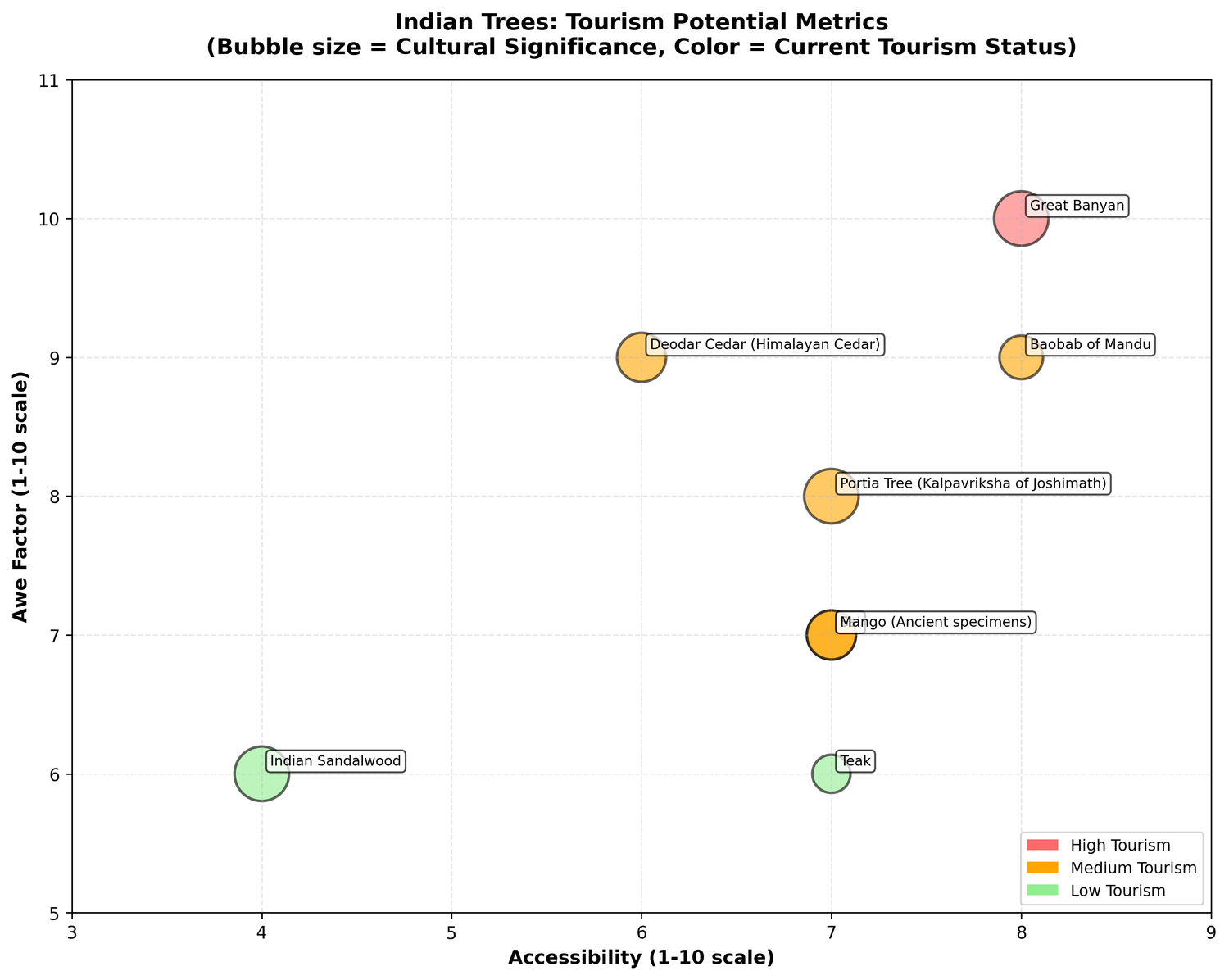 Bubble chart: Indian trees Awe Factor vs. Accessibility (bubble size = Cultural Significance, color = Tourism Status)