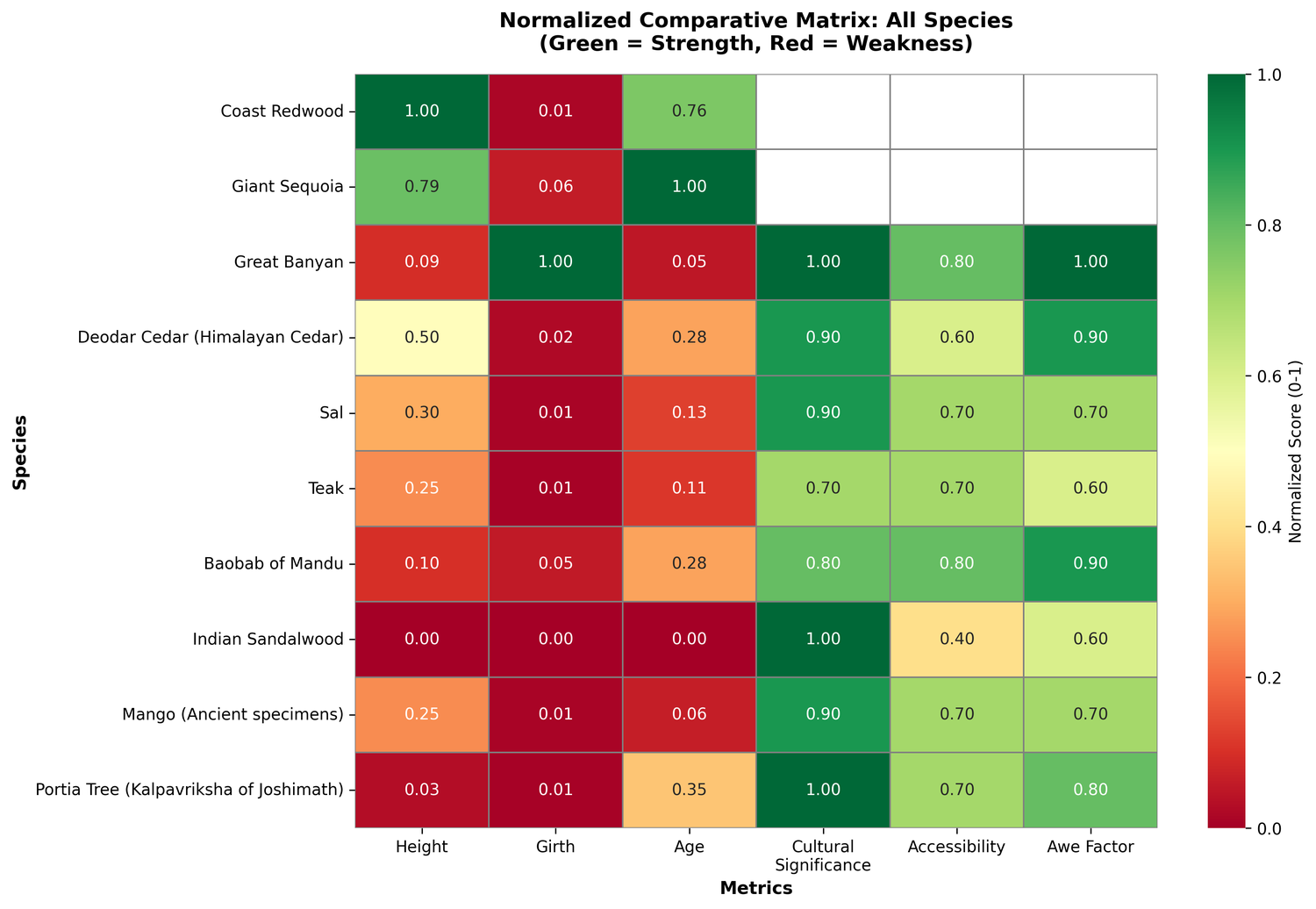 Heatmap: Normalized comparative matrix showing strengths and weaknesses across all species