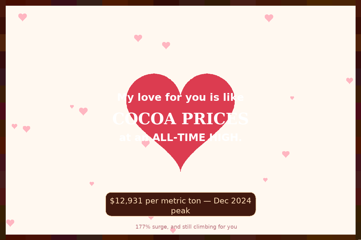 Valentine card: Cocoa price love pun ($12,931/MT peak)