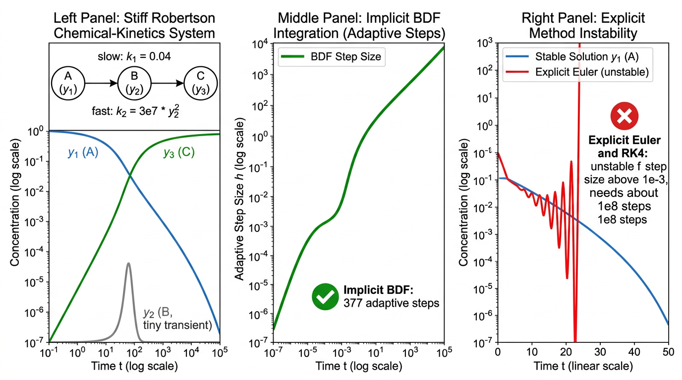 Robertson stiff chemical kinetics simulation