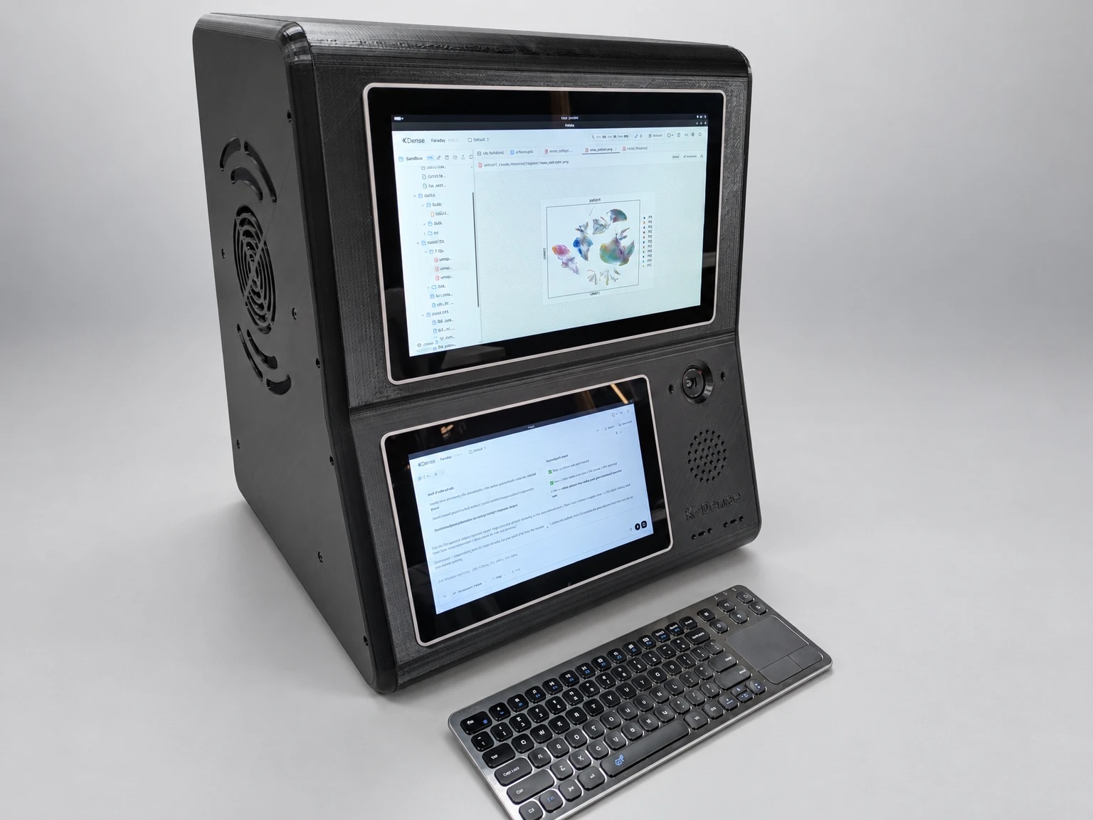 The Faraday instrument, a benchtop enclosure with a large workspace touchscreen and a smaller chat touchscreen below it.